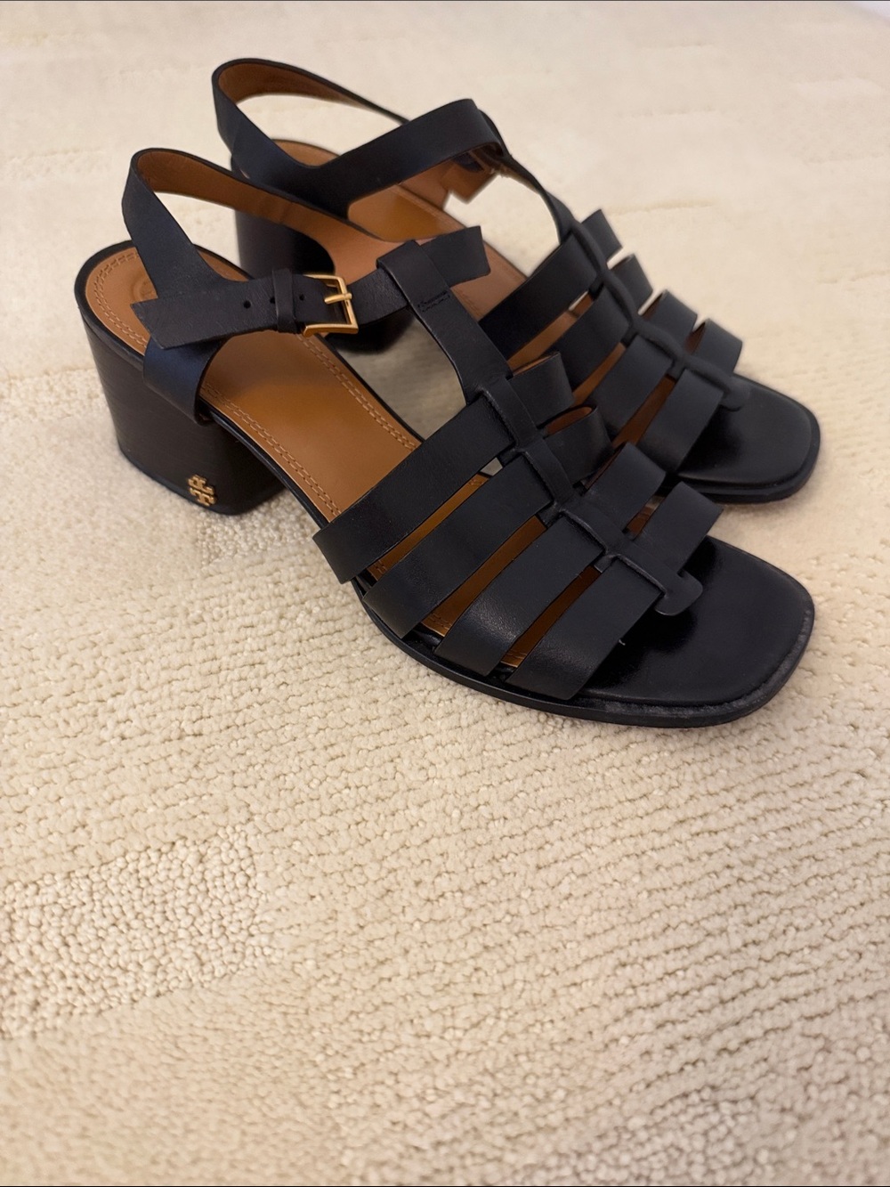 Tory Burch Black Leather Multi-Strap Block Heel Sandals